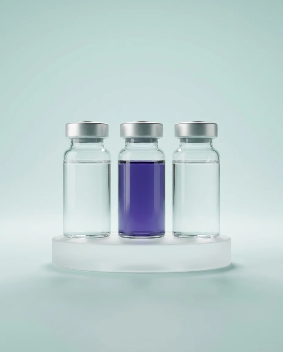 Sterile vials with violet solution