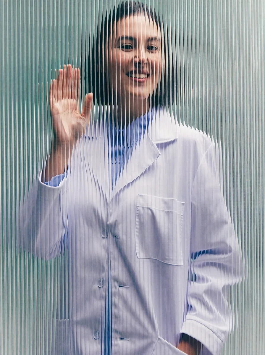 Pharmacist behind fluted glass